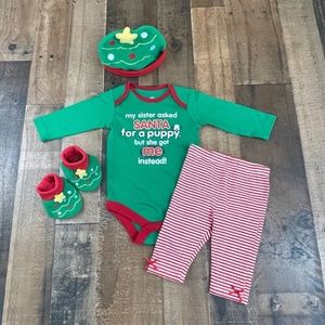 Snowflake Green Red Onesie Set with Hat & Booties